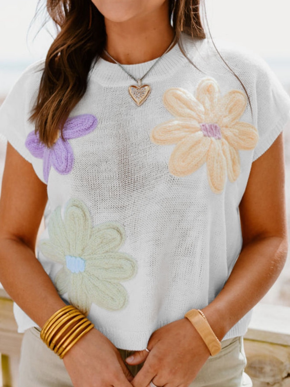 S51- Floral Knit Short-Sleeve Top - Pastel Flower Appliqué
